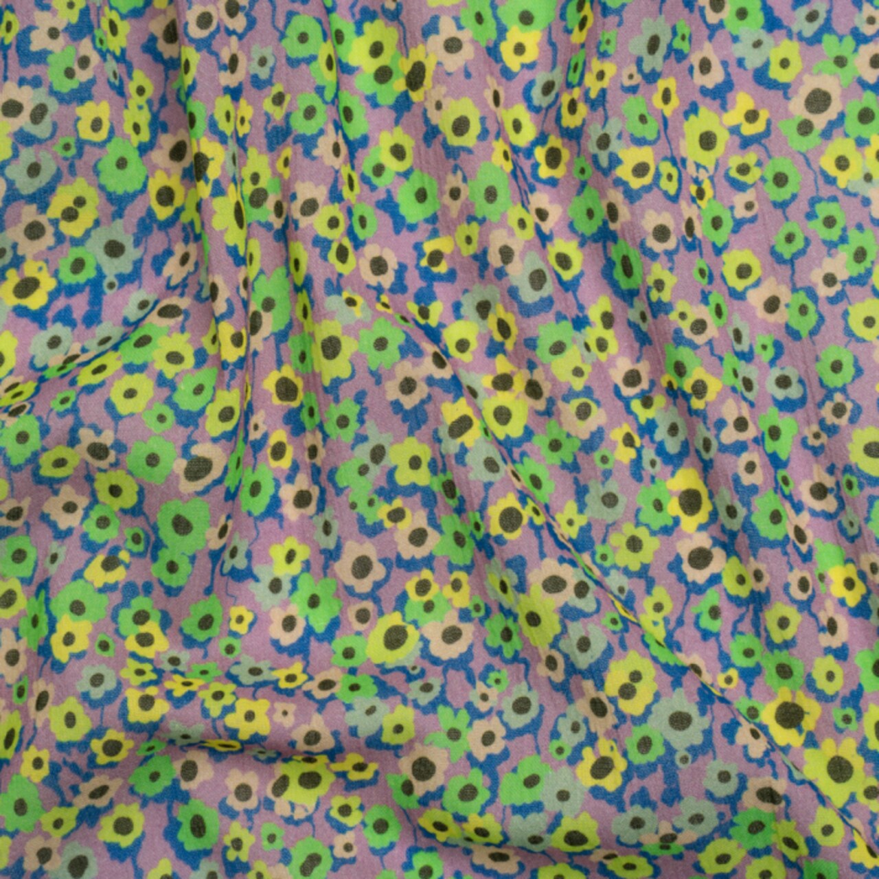 1 Yard Crinkled Cotton Gauzy Woven Print Lemon Lime and Purple Floral Fabric